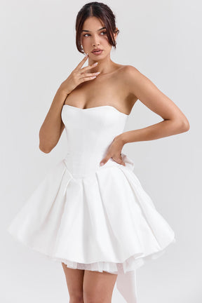 Noele white satin strapless bow mini gown