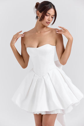 Noele white satin strapless bow mini gown