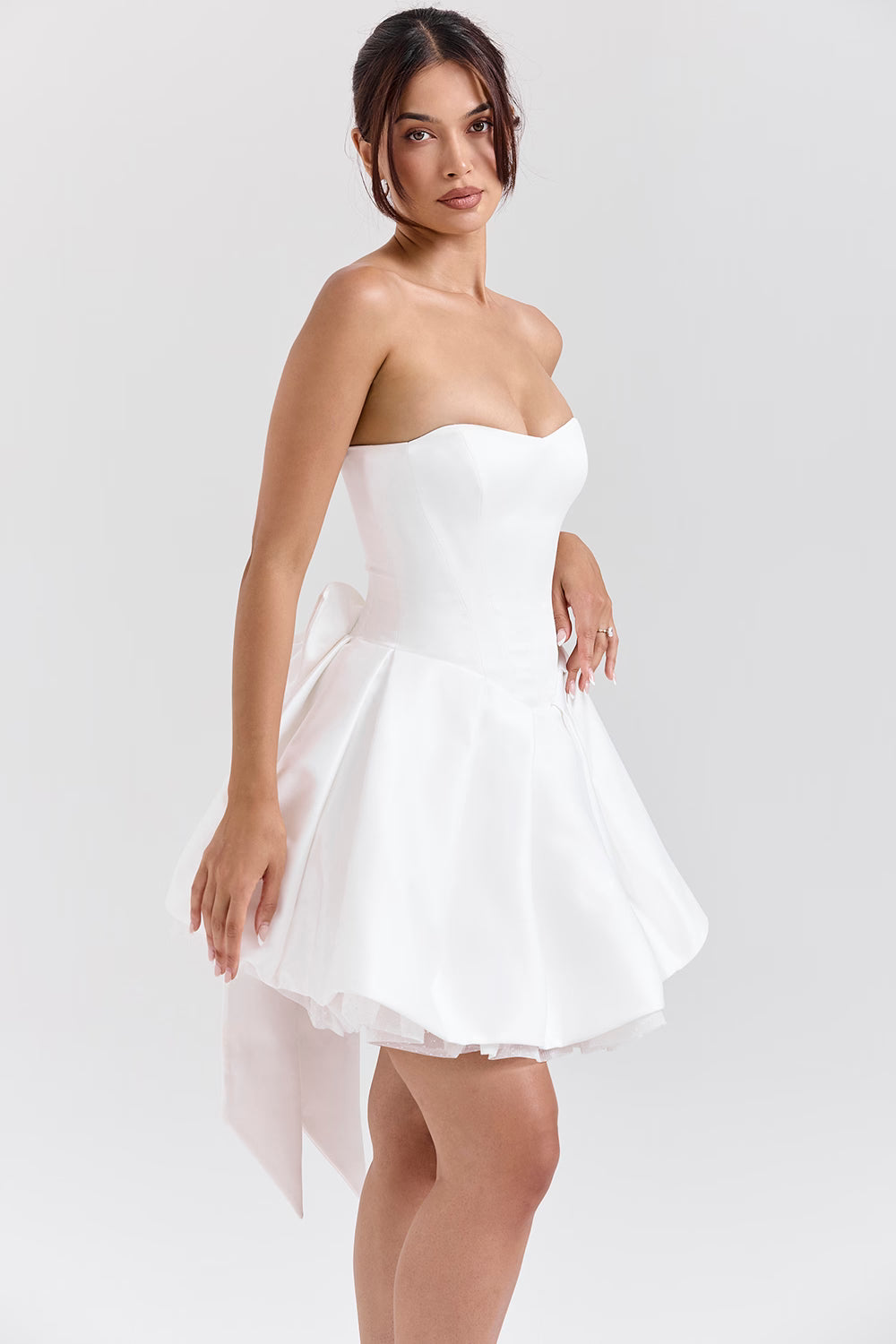Noele white satin strapless bow mini gown