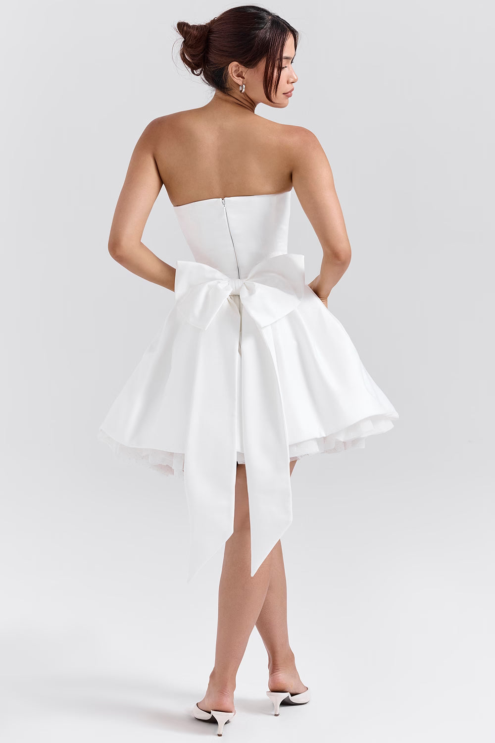 Noele white satin strapless bow mini gown