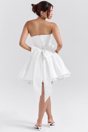 Noele white satin strapless bow mini gown