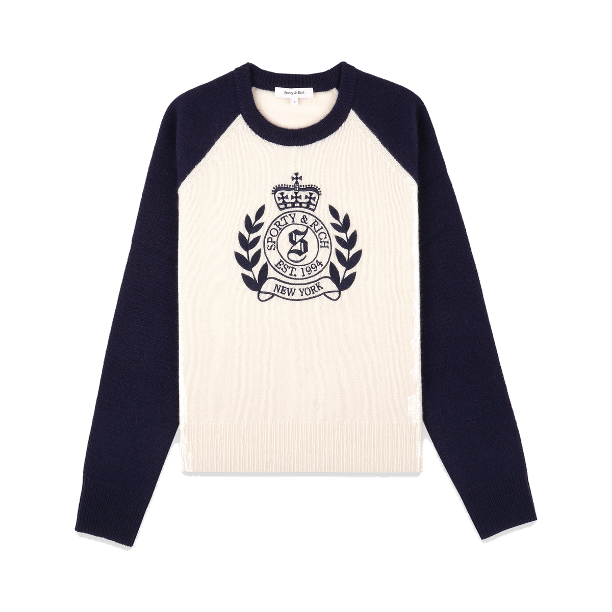 NY Crest Cashmere Baseball Sweater - Ecru/Navy