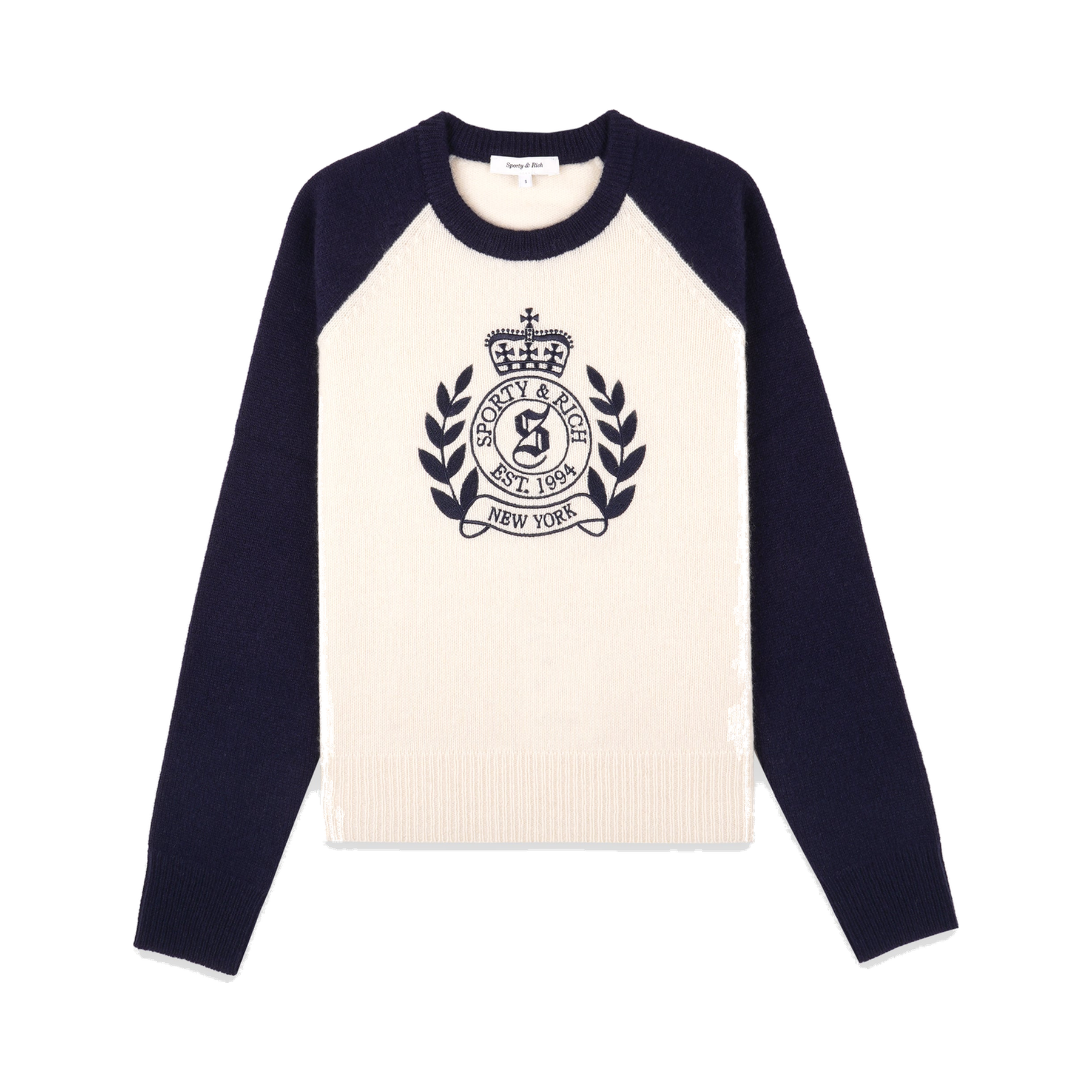 NY Crest Cashmere Baseball Sweater - Ecru/Navy