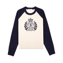 NY Crest Cashmere Baseball Sweater - Ecru/Navy