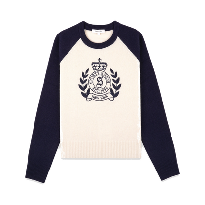 NY Crest Cashmere Baseball Sweater - Ecru/Navy