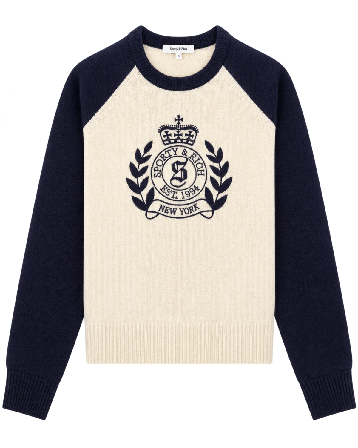 NY Crest Cashmere Baseball Sweater - Ecru/Navy