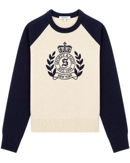 NY Crest Cashmere Baseball Sweater - Ecru/Navy