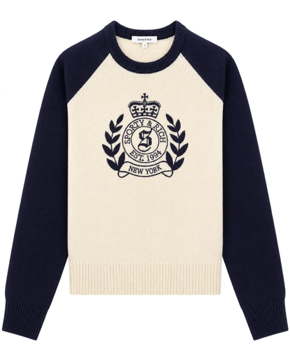 NY Crest Cashmere Baseball Sweater - Ecru/Navy