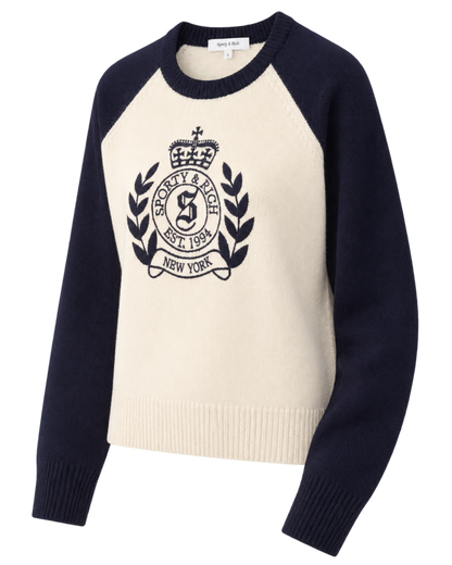 NY Crest Cashmere Baseball Sweater - Ecru/Navy