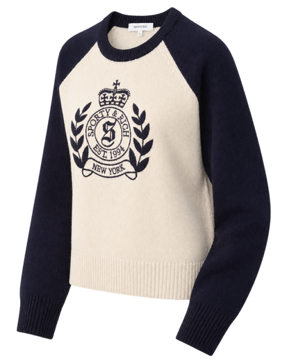 NY Crest Cashmere Baseball Sweater - Ecru/Navy