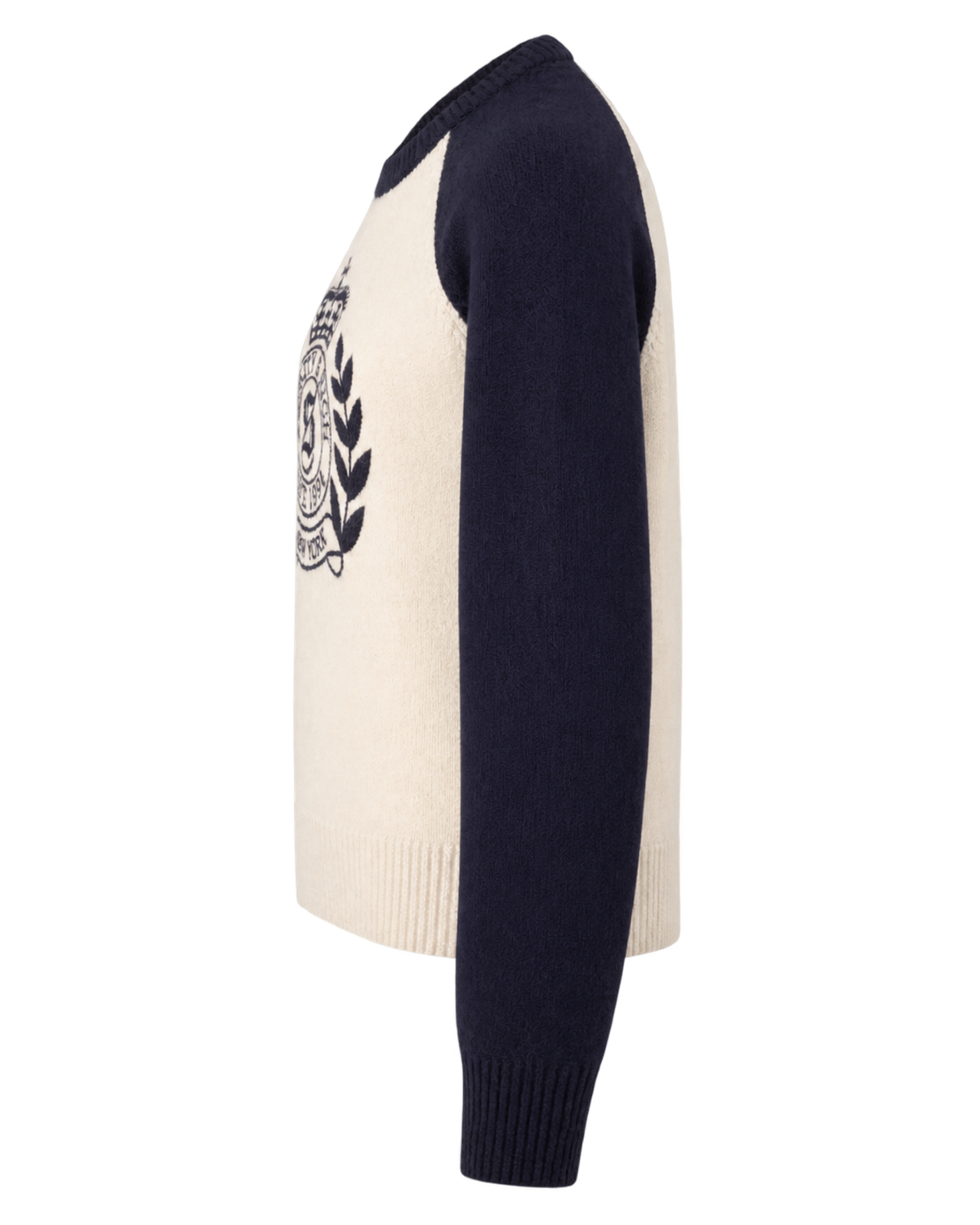 NY Crest Cashmere Baseball Sweater - Ecru/Navy
