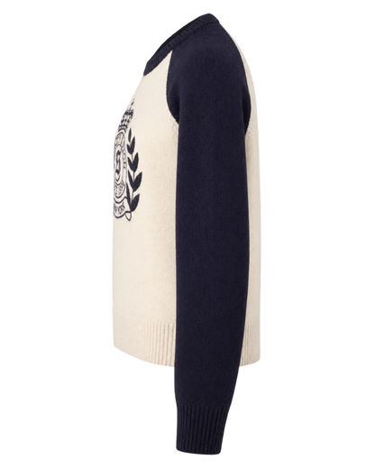 NY Crest Cashmere Baseball Sweater - Ecru/Navy