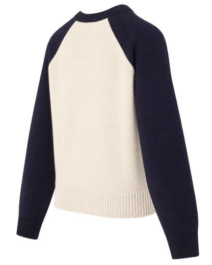 NY Crest Cashmere Baseball Sweater - Ecru/Navy