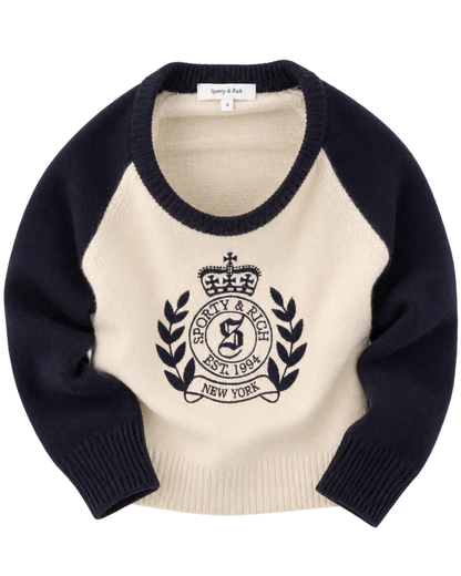 NY Crest Cashmere Baseball Sweater - Ecru/Navy