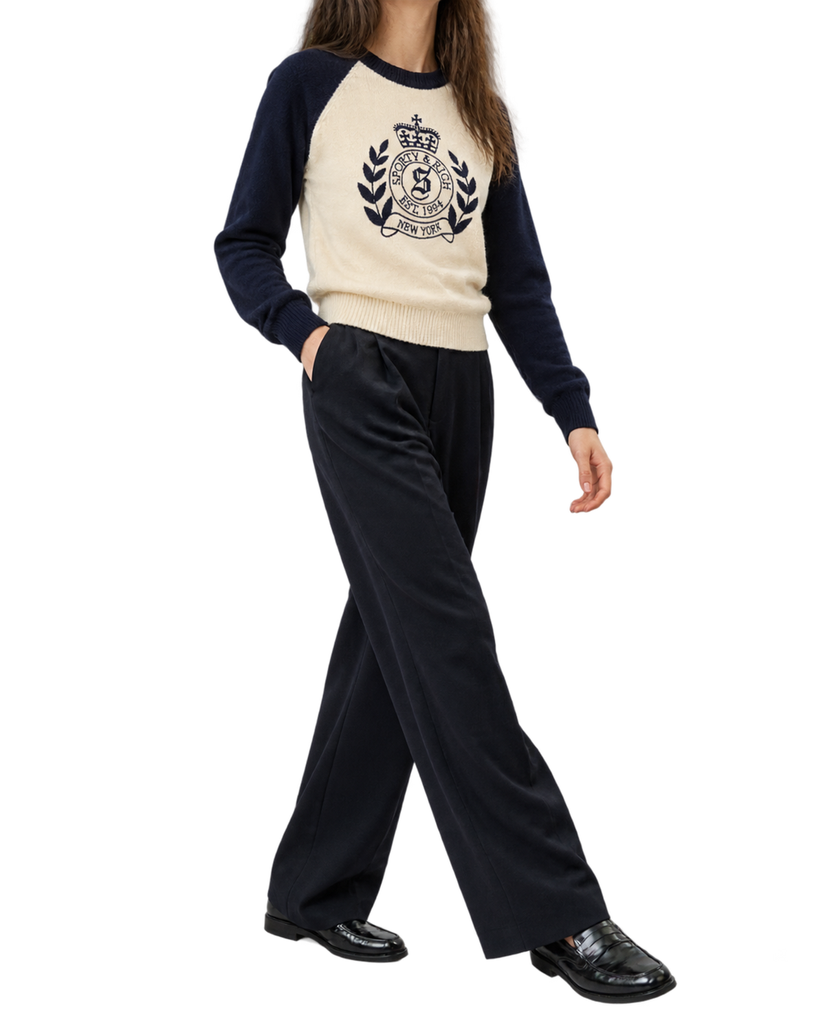 NY Crest Cashmere Baseball Sweater - Ecru/Navy