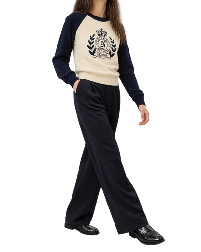 NY Crest Cashmere Baseball Sweater - Ecru/Navy
