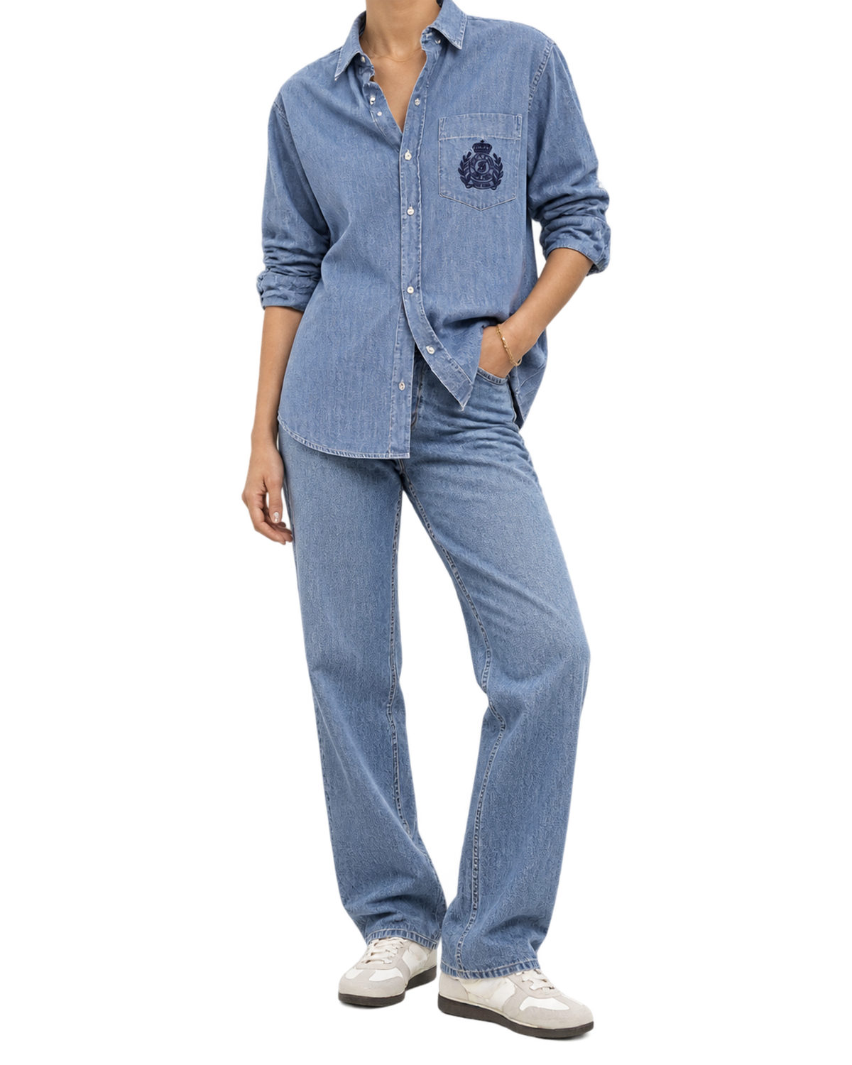 NY Crest Oversized Denim Shirt - Light Blue