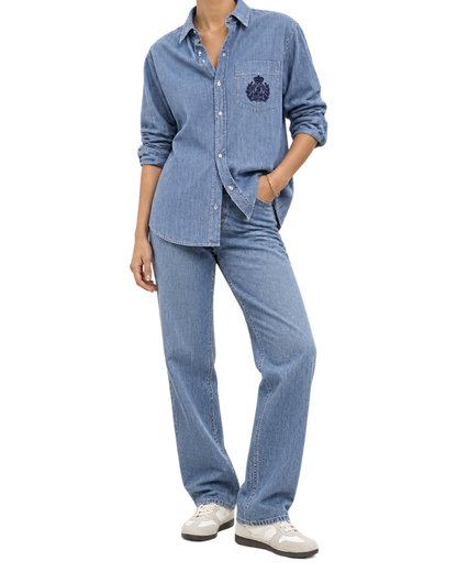 NY Crest Oversized Denim Shirt - Light Blue