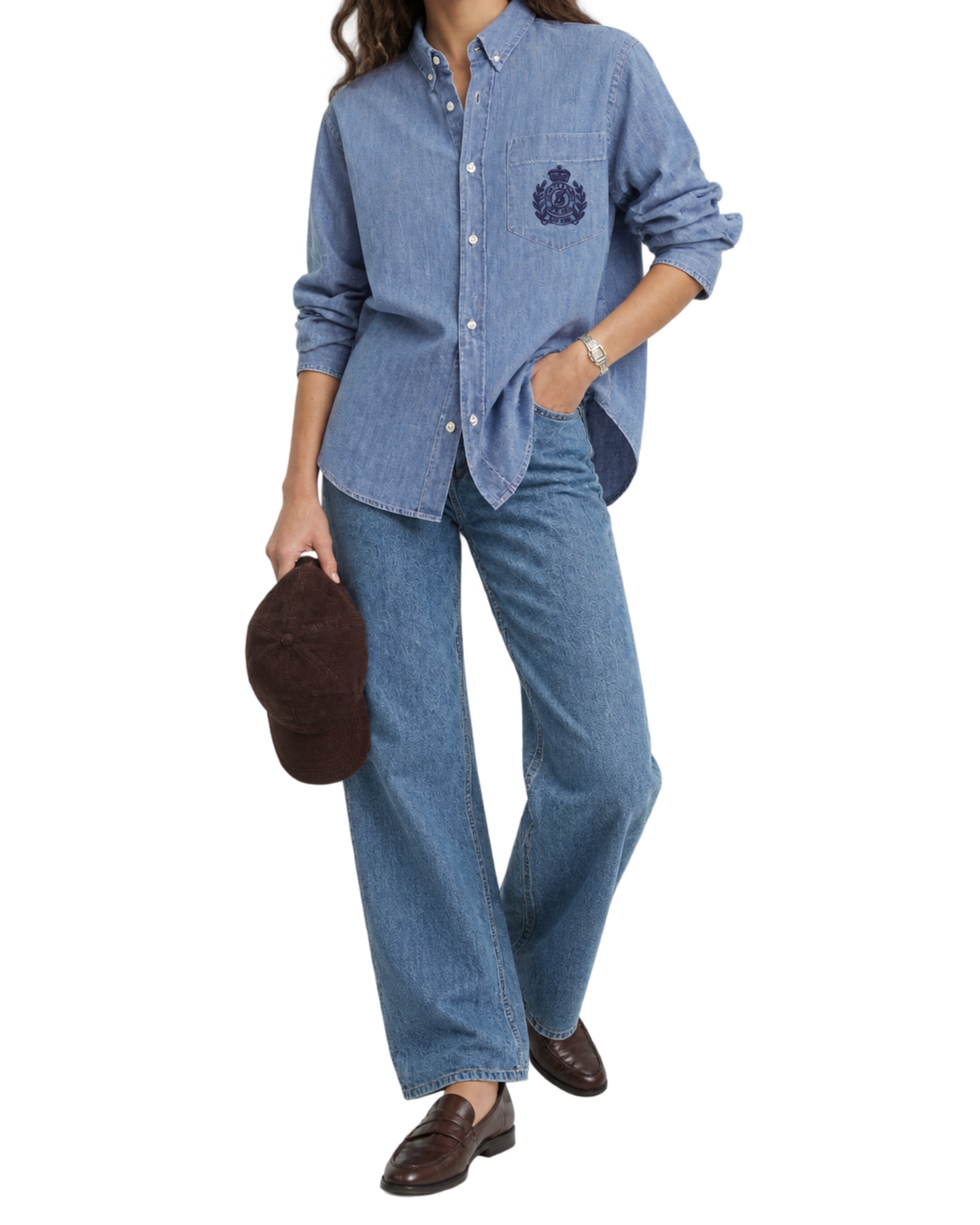 NY Crest Oversized Denim Shirt - Light Blue