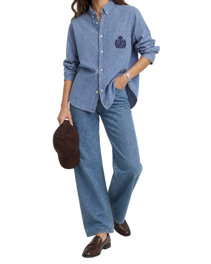 NY Crest Oversized Denim Shirt - Light Blue