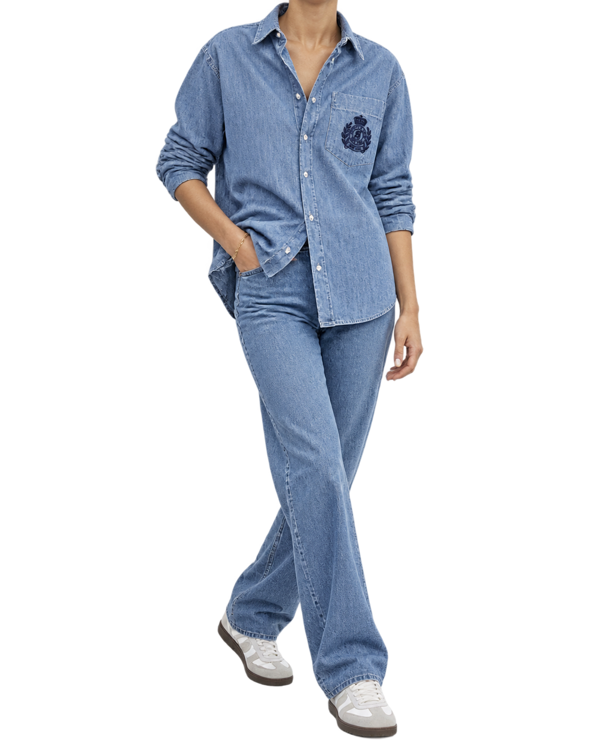 NY Crest Oversized Denim Shirt - Light Blue