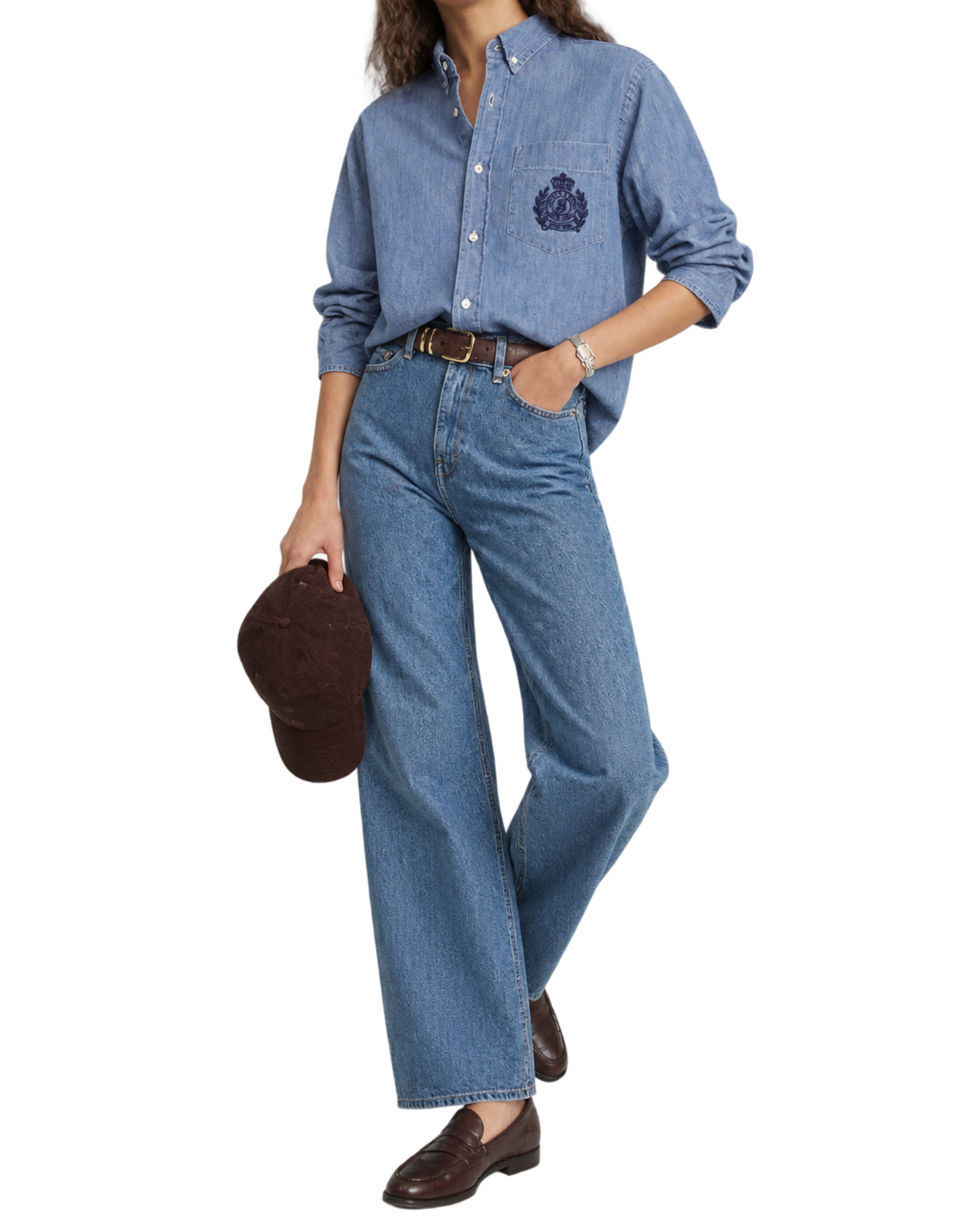 NY Crest Oversized Denim Shirt - Light Blue