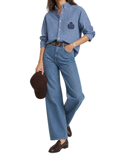 NY Crest Oversized Denim Shirt - Light Blue