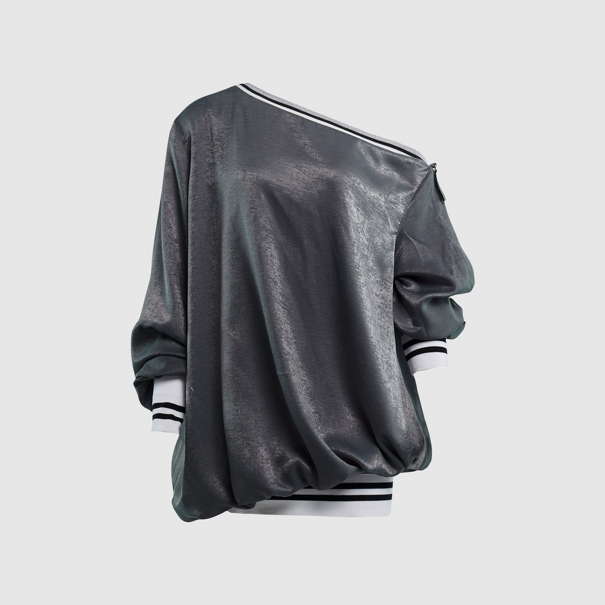 OFF THE SHOULDER SATIN BOMBER SWEATER