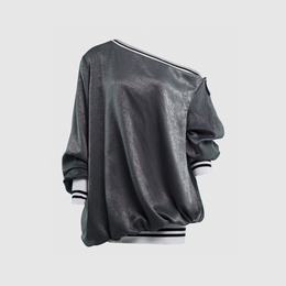 OFF THE SHOULDER SATIN BOMBER SWEATER