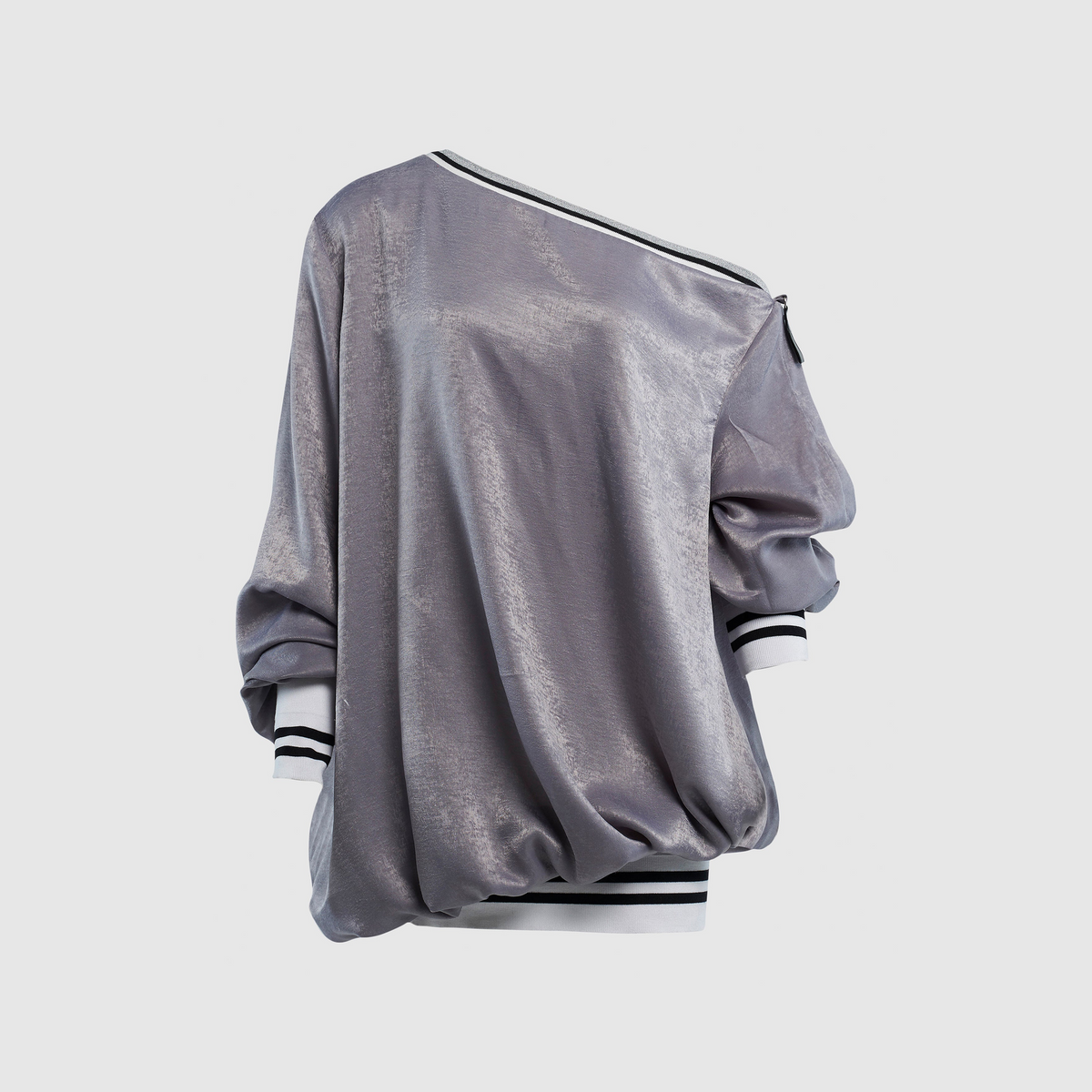 OFF THE SHOULDER SATIN BOMBER SWEATER