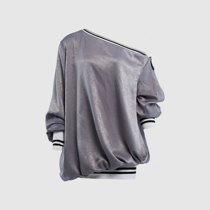 OFF THE SHOULDER SATIN BOMBER SWEATER