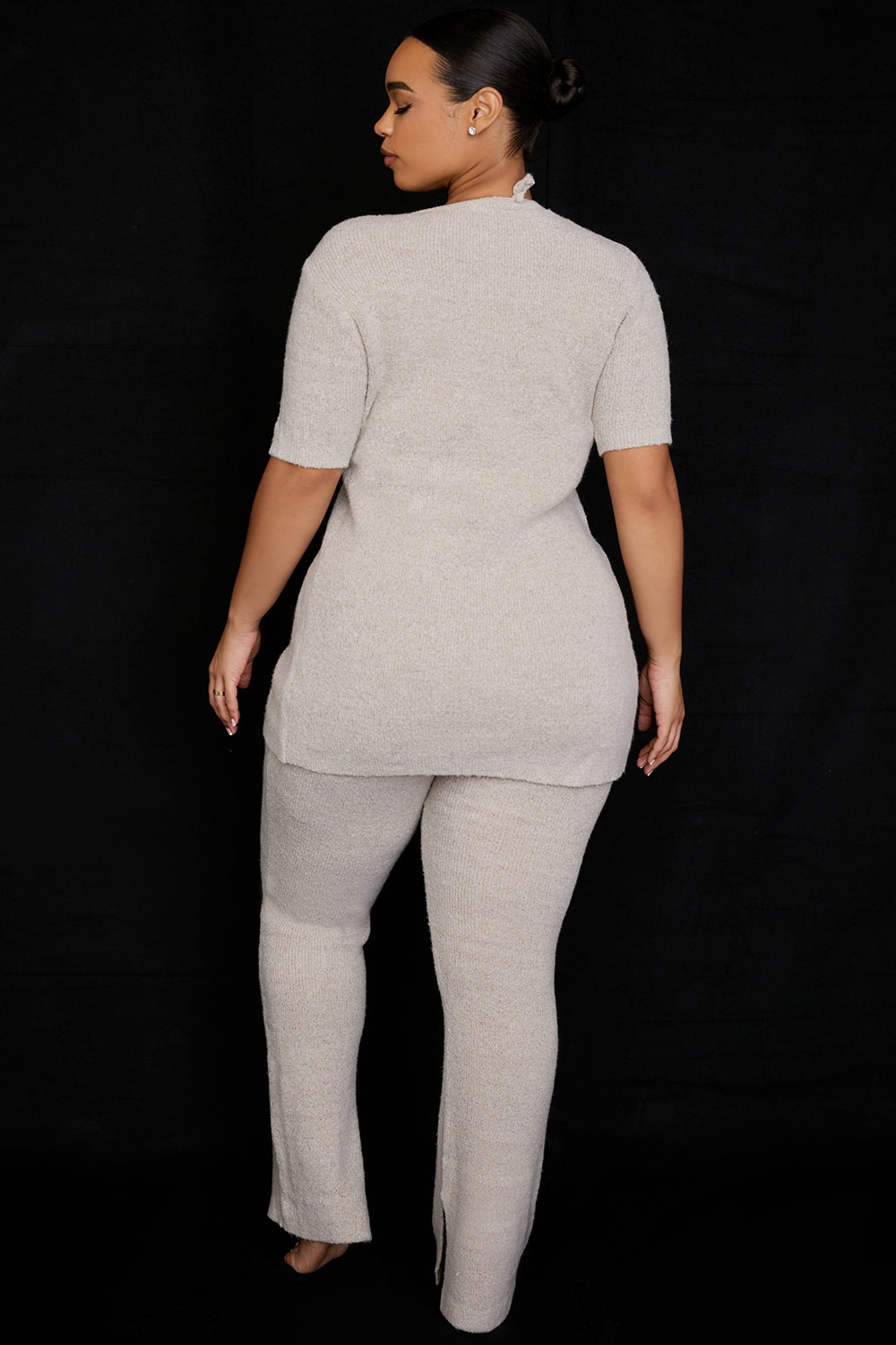 Oatmeal ribbed knit flared trousers