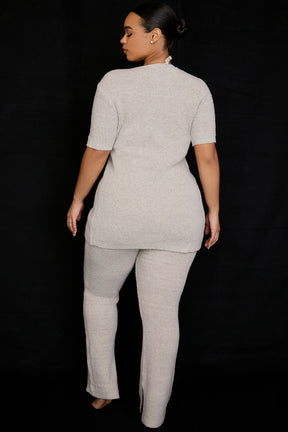 Oatmeal ribbed knit flared trousers