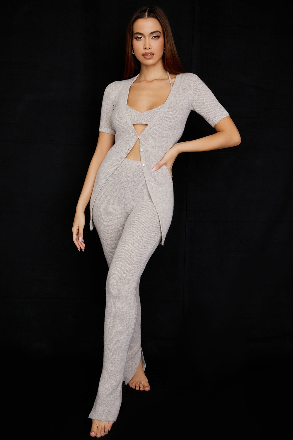 Oatmeal ribbed knit cardigan