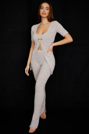 Oatmeal ribbed knit flared trousers