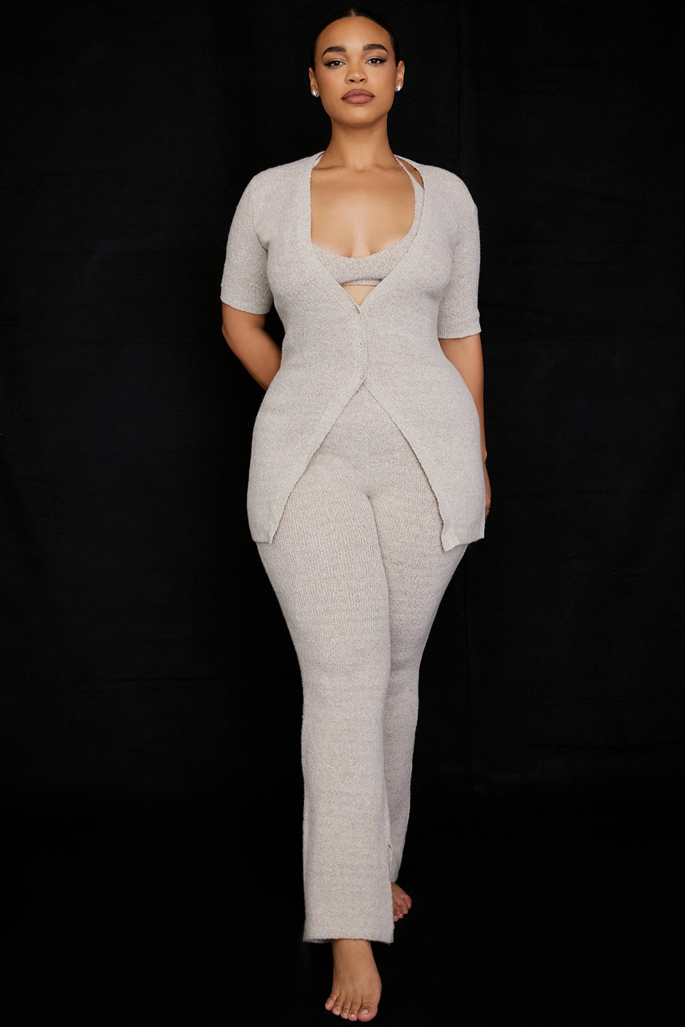 Oatmeal ribbed knit flared trousers