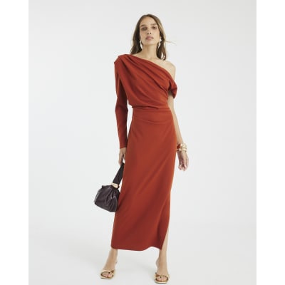 Orange Asymmetrical Draped Maxi Dress