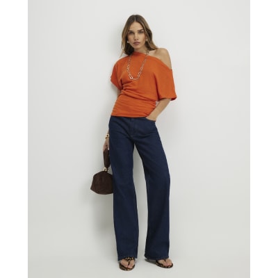 Orange Banded Hem Drape Top