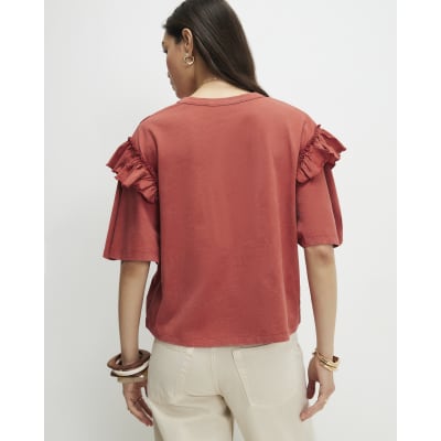 Orange Chevron Ruffle Sleeve T-Shirt