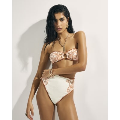 Orange Cornelli Print Bandeau Bikini Top