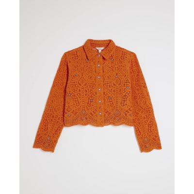 Orange Crochet Long Sleeve Embellished Shirt