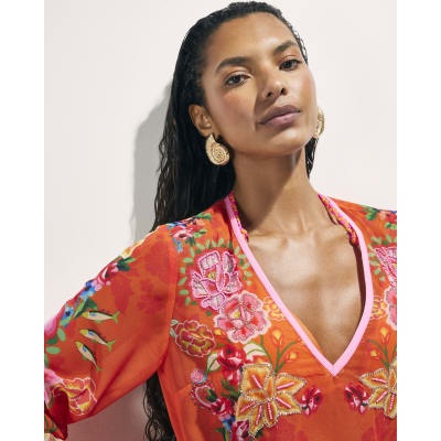 Orange Floral Tunic Beach Dress