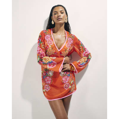 Orange Floral Tunic Beach Dress