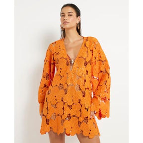 Orange Lace Shell Mini Beach Dress