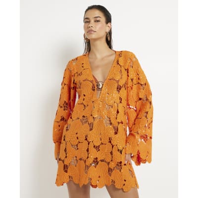 Orange Lace Shell Mini Beach Dress