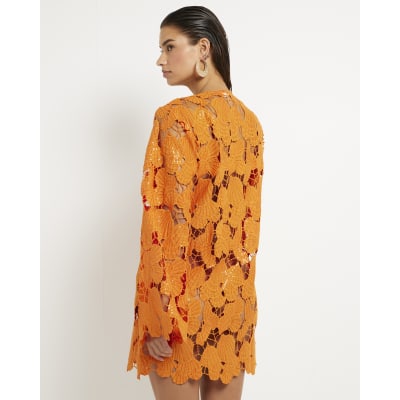Orange Lace Shell Mini Beach Dress