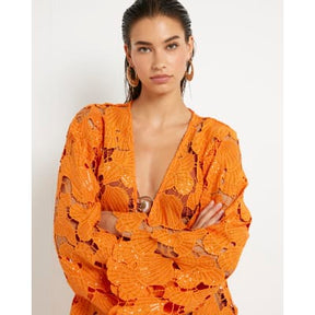 Orange Lace Shell Mini Beach Dress