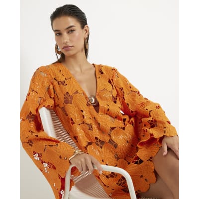 Orange Lace Shell Mini Beach Dress