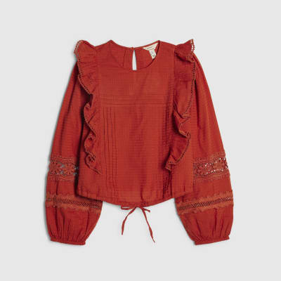 Orange Long Sleeve Ruffle Blouse