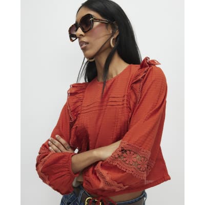 Orange Long Sleeve Ruffle Blouse